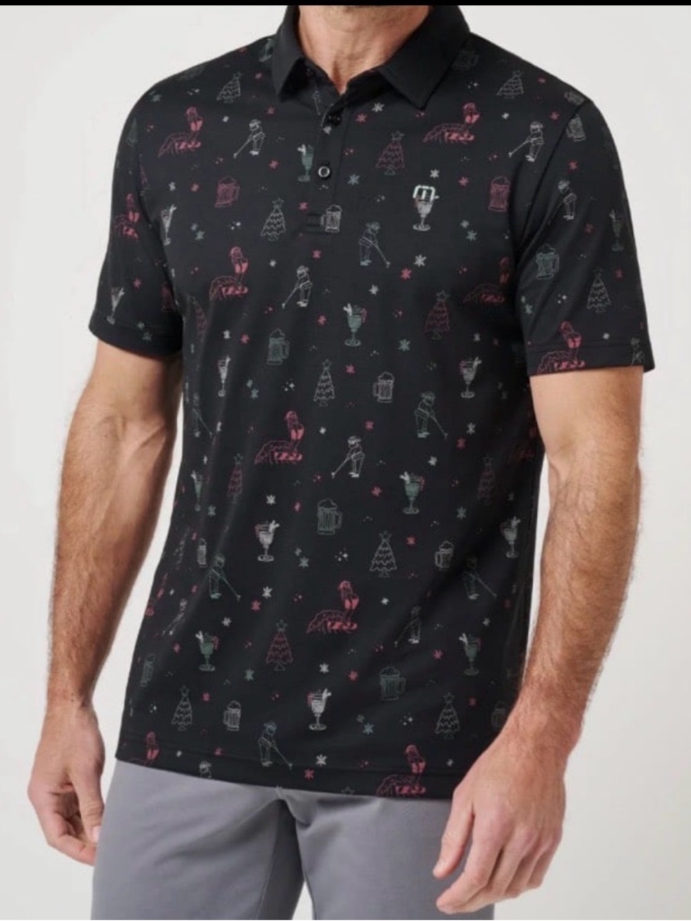 NWOT Sz L Travis Matthew Active Lifestyle Holiday Magic Black Santa Holiday Polo